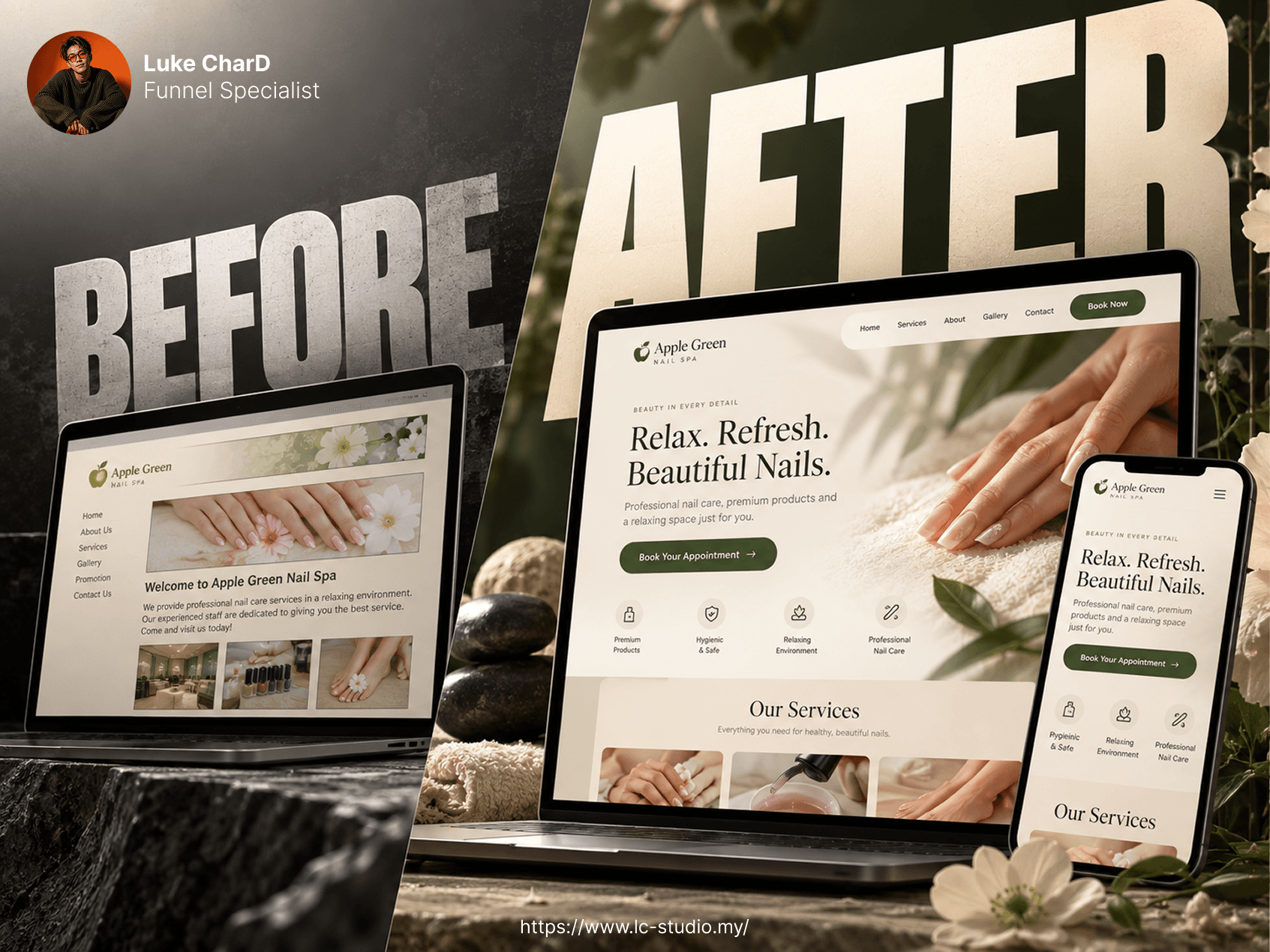 Apple Green Nail Spa before and after website redesign