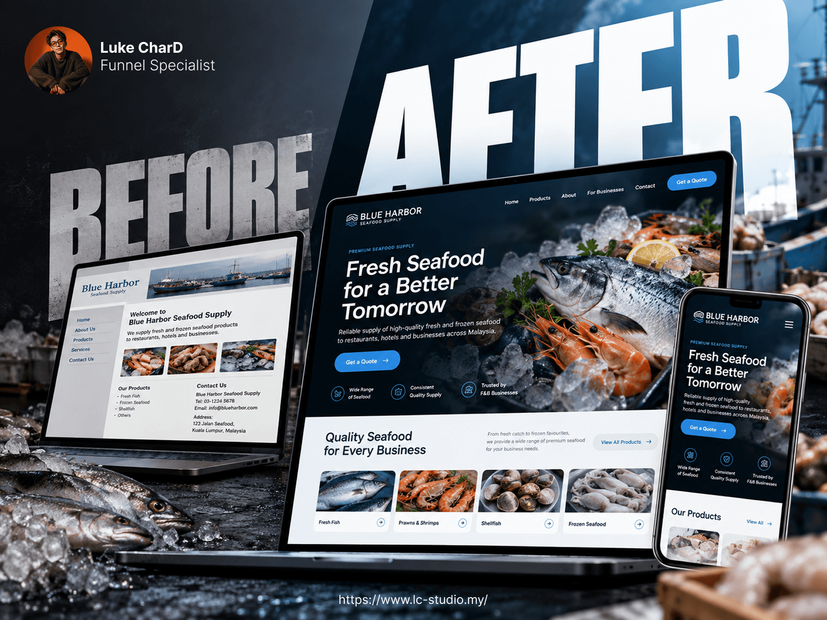 Blue Harbor Seafood Supply before and after website redesign