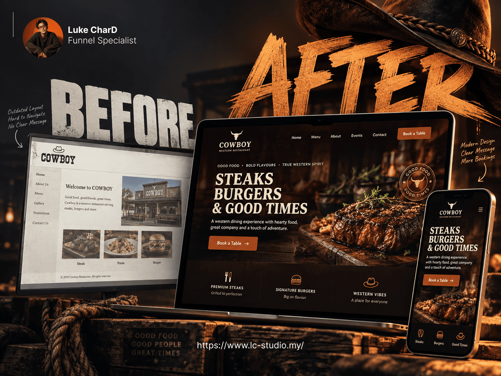 CowBoy Restaurant before and after website redesign