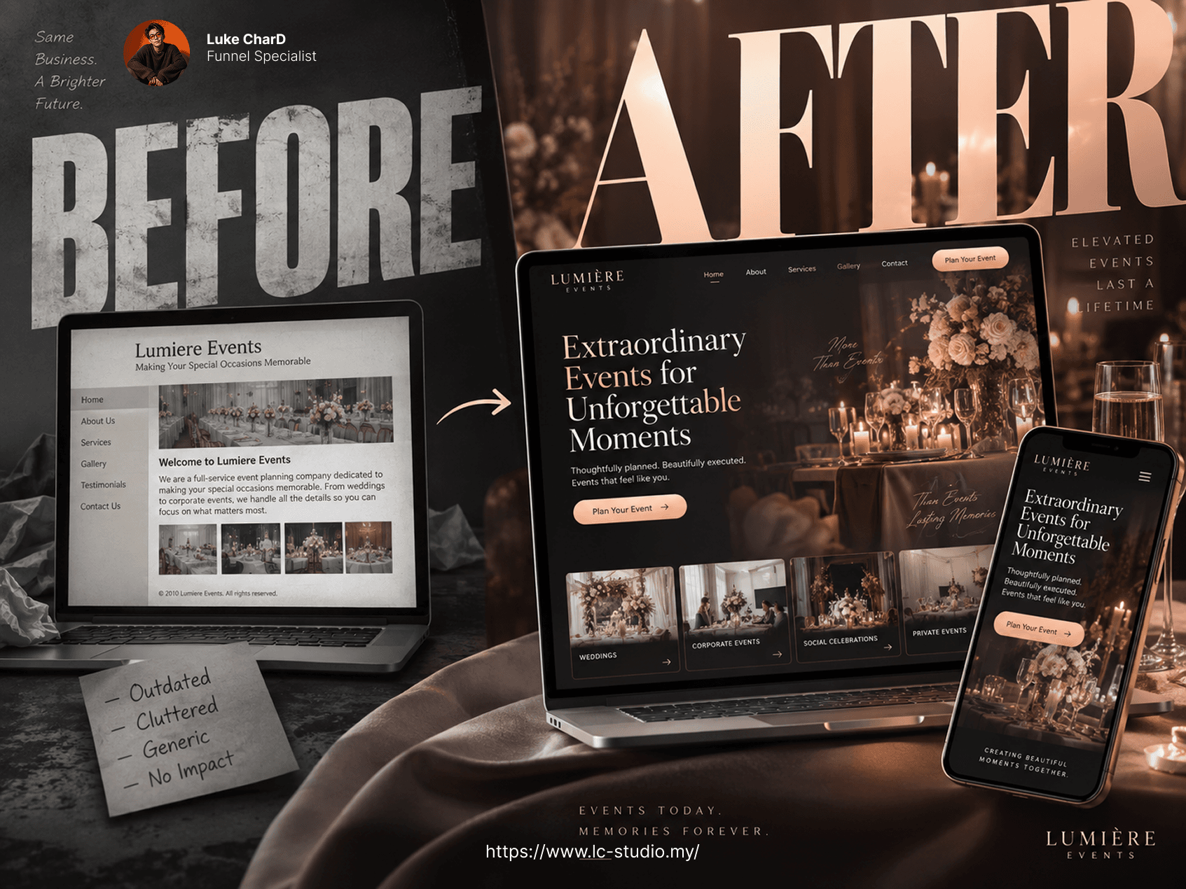 Lumiere Events before and after website redesign