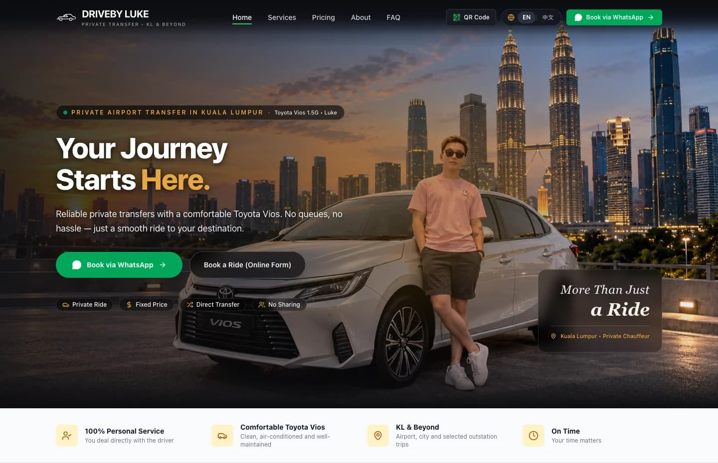 DriveBy Luke airport transfer website, with its Kuala Lumpur skyline hero