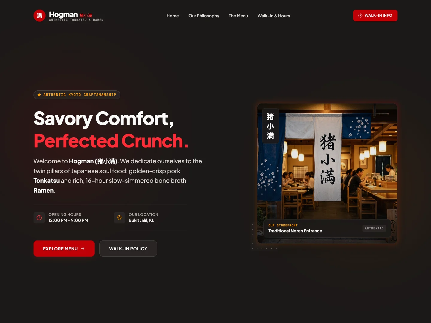 Hogman Restaurant website, showing its Japanese restaurant storefront