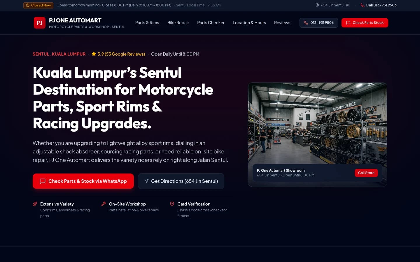 PJ One Automart motorcycle parts and workshop website with its showroom hero, product sections, and WhatsApp stock inquiry form